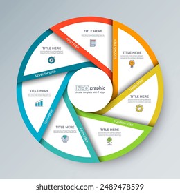 Infographic circular diagram with 7 options. Multi-step process chart with colorful segments, ideal for visualizing data, business strategies, educational concepts.