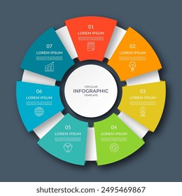 Infographic circular diagram with 7 options, parts. Seven-step process chart with colorful segments, applicable for data visualization, presentation, business infographics.