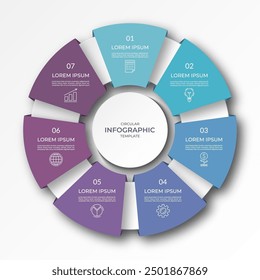 Infographic circular diagram with 7 options, parts. Seven-step process chart with colorful segments, applicable for data visualization, presentation, business infographics.