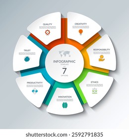 Infographic circular diagram with 7 options. Round chart that can be used for business presentations, educational resources, marketing materials, visualizing data, simplifying complex information.