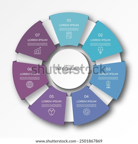 Infographic circular diagram with 7 options, parts. Seven-step process chart with colorful segments, applicable for data visualization, presentation, business infographics.
