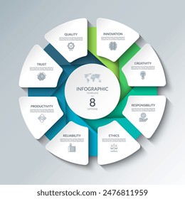 Infographic circular diagram with 8 options. Round chart that can be used for business analytics, data visualization and presentation. Vector illustration.