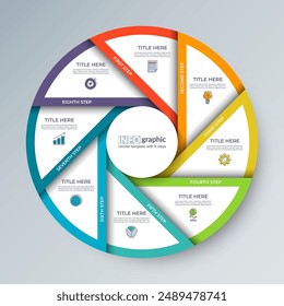 Infografisches Runddiagramm mit 8 Optionen. Mehrstufige Prozessübersicht mit bunten Segmenten, ideal zur Visualisierung von Daten, Geschäftsstrategien, Bildungskonzepten.
