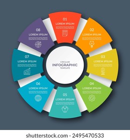 Infographic circular diagram with 8 options, parts. Eight-step process chart with colorful segments, applicable for data visualization, presentation, business infographics.