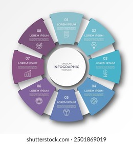 Infographic circular diagram with 8 options, parts. Eight-step process chart with colorful segments, applicable for data visualization, presentation, business infographics.