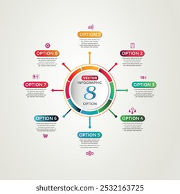 Diagrama infográfico circular com 8 opções, projetado como um gráfico circular ideal para análise de negócios, visualização de dados e apresentações. ilustração em estilo vetorial para uma aparência limpa e profissional