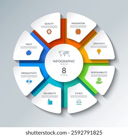 Infographic circular diagram with 8 options. Round chart that can be used for business presentations, educational resources, marketing materials, visualizing data, simplifying complex information.