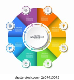 Infographic circular diagram with 8 options. Vector process chart that can be used for business presentation, analytics, marketing materials, visualizing data, report, educational resources.