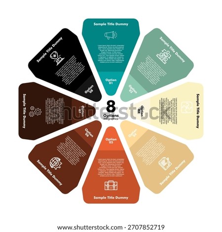 Infographic circular diagram with 8 options. Round chart that can be used for business analytics, data visualization and presentation. Vector illustration infographic	