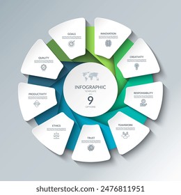 Infographic circular diagram with 9 options. Round chart that can be used for business analytics, data visualization and presentation. Vector illustration.