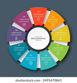 Infographic circular diagram with 9 options, parts. Nine-step process chart with colorful segments, applicable for data visualization, presentation, business infographics.