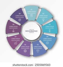 Infografik-Kreisdiagramm mit 9 Optionen, Teile. Neunstufiges Prozessdiagramm mit bunten Segmenten, anwendbar für Datenvisualisierung, Präsentation, Business-Infografiken.