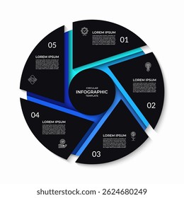Diagrama infográfico circular dividido em 5 partes. Gráfico de processo em 5 etapas. Pode ser usado para apresentações de negócios, recursos educacionais, materiais de marketing e visualização de dados. Ilustração vetorial.