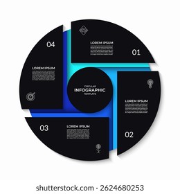 Diagrama infográfico circular dividido em 4 partes. Gráfico de processo em 4 etapas. Pode ser usado para apresentações de negócios, recursos educacionais, materiais de marketing e visualização de dados. Ilustração vetorial.