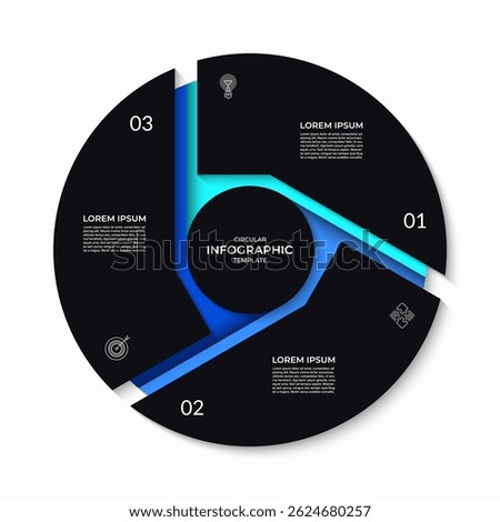 Infographic circular diagram divided into 3 parts. 3-step process chart. Can be used for business presentations, educational resources, marketing materials, visualizing data. Vector illustration.