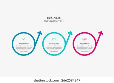 Infographic Circular elements placed in horizontal row. Concept of 3 steps to startup project launch. Neumorphic infographic design template. Modern flat vector illustration for business presentation.