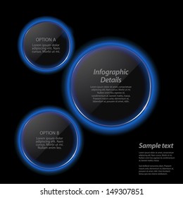 Infographic with Circular Glass Lenses and Glowing Blue Neon Borders on Black