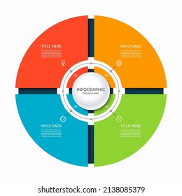 Plantilla circular infográfica con 4 pasos, partes, elementos. Diagrama o gráfico con cuatro opciones. Se puede usar para presentación de negocios, folletos, diseño web, visualización de datos.