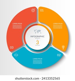 Infographic circular vector template with 3 options, parts. 3-step cycle diagram for business infographics. Process chart, vector banner for presentation, report, brochure, web, data visualization.