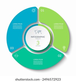 Infographic circular vector template with 3 options, parts. 3-step cycle diagram for business infographics. Process chart, vector banner for presentation, report, brochure, web, data visualization.