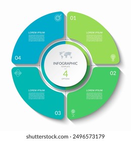 Infographic circular vector template with 4 options, parts. 4-step cycle diagram for business infographics. Process chart, vector banner for presentation, report, brochure, web, data visualization.