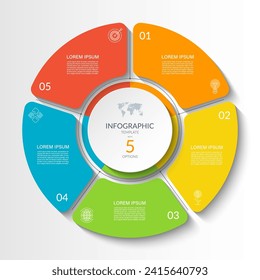 Infographic circular vector template with 5 options, parts. 5-step cycle diagram for business infographics. Process chart, vector banner for presentation, report, brochure, web, data visualization.