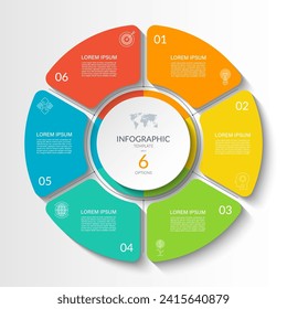 Infographic circular vector template with 6 options, parts. 6-step cycle diagram for business infographics. Process chart, vector banner for presentation, report, brochure, web, data visualization.