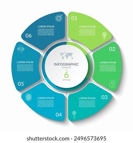 Infographic circular vector template with 6 options, parts. 6-step cycle diagram for business infographics. Process chart, vector banner for presentation, report, brochure, web, data visualization.