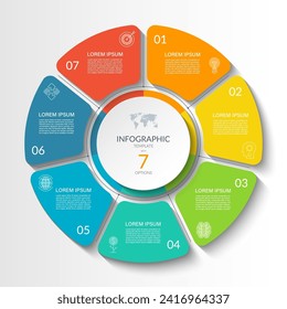 Infographic circular vector template with 7 options, parts. 7-step cycle diagram for business infographics. Process chart, vector banner for presentation, report, brochure, web, data visualization.