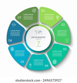 Infographic circular vector template with 7 options, parts. 7-step cycle diagram for business infographics. Process chart, vector banner for presentation, report, brochure, web, data visualization.