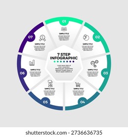Infographic circular vector template with 7 options, parts. 7-step cycle diagram for business infographics. Process chart, vector banner for presentation, report, brochure, web, data visualization.