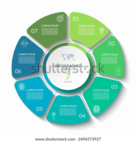 Infographic circular vector template with 7 options, parts. 7-step cycle diagram for business infographics. Process chart, vector banner for presentation, report, brochure, web, data visualization.