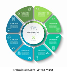 Infographic circular vector template with 8 options, parts. 8-step cycle diagram for business infographics. Process chart, vector banner for presentation, report, brochure, web, data visualization.