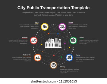 Infographic for city public transportation with colorful circles, icons and a city symbol in the middle isolated on dark background. Easy to use for your website or presentation.