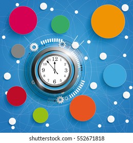 Infographic with clock, circles on the blue background. Eps 10 vector file.