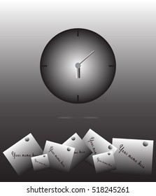 Infographic with clock and grayed stickers with pins on the gray background. Eps 10 vector file.