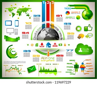 Infographic with Cloud Computing concept - set of paper tags, technology icons, cloud cmputing, graphs, paper tags, arrows, world map and so on. Ideal for statistic data display.