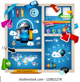 Infographic with Cloud Computing concept - set of paper tags, technology icons, cloud cmputing, graphs, paper tags, arrows, world map and so on. Ideal for statistic data display.