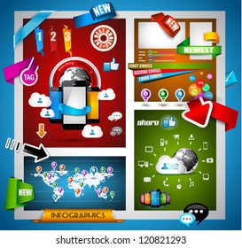 Infographic with Cloud Computing concept - set of paper tags, technology icons, cloud cmputing, graphs, paper tags, arrows, world map and so on. Ideal for statistic data display.