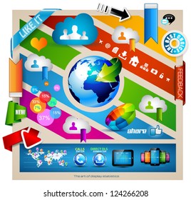 Infographic with Cloud Computing concept - set of paper tags, technology icons, cloud cmputing, graphs, paper tags, arrows, world map and so on. Ideal for statistic data display.