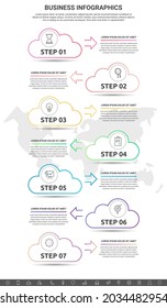 Infographic clouds with arrows. Vector line business concept of 7 steps, icons. Template with seven ways for diagram, presentations, flowchart, content, levels, chart