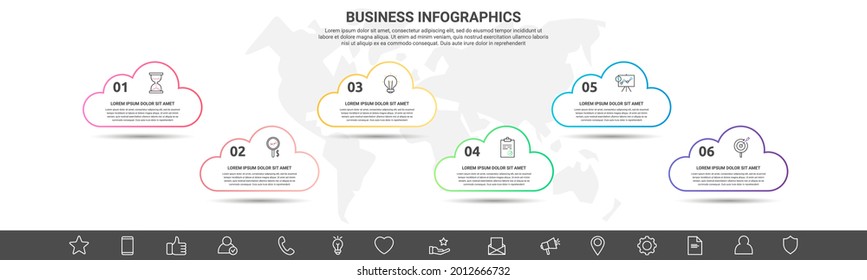 Nubes infográficas. Concepto de negocio de línea de vectores de 6 opciones. Plantilla abstracta con seis pasos para diagrama, web, banner, presentaciones, diagrama de flujo, contenido, niveles, gráfico