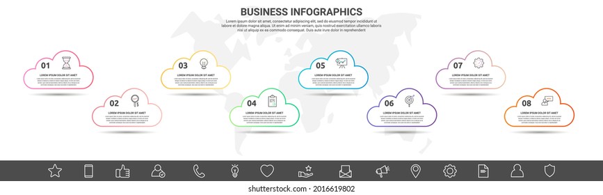 Infographic clouds. Vector line business concept of 8 options. Abstract template with eight steps for diagram, web, banner, presentations, flowchart, content, levels, chart
