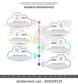 Infographic clouds. Vector line business concept of 6 options. Abstract template with six steps for diagram, web, banner, presentations, flowchart, content, levels, chart
