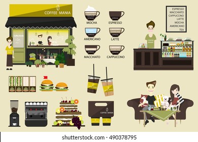 Infographic coffee shop vector flat illustration with barrista, cafe and different types coffee. People spend their time in the cafeteria, drinking cappuccino, latte, espresso and eating desserts