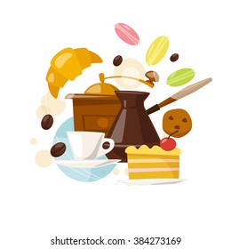 Infographic coffee and sweets. Flat coffee icons. Food and drink elements. Breakfast icons. Coffee cup, croissant, cakes, macaroons, sweets and coffee beans. 