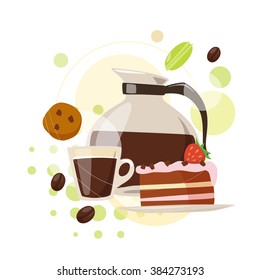 Infographic coffee and sweets in flat style. Flat coffee icons. Food and drink elements. Breakfast icons. Coffee kettle, cup, cake, sweets and coffee beans. 