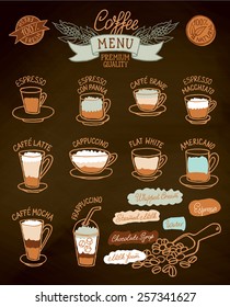 Infographic with coffee types and their preparation on brown background. For cafe menu, brochure, fliers, chalkboard. Retro style