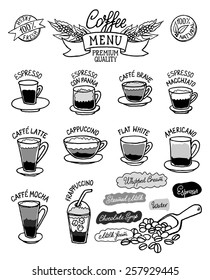 Infographic with coffee types and their preparation. For cafe menu, brochure, fliers, chalkboard. Retro style. Black&white