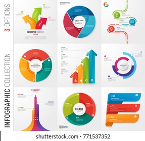 Infographic collection of 3 options vector templates for presentations, data visualization, business concepts, advertisement, diagrams, annual reports, web design.